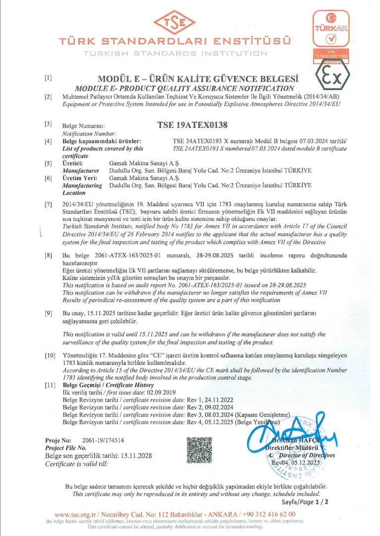 Ex-Proof Modül E - Ürün Kalite Güvence Belgesi
